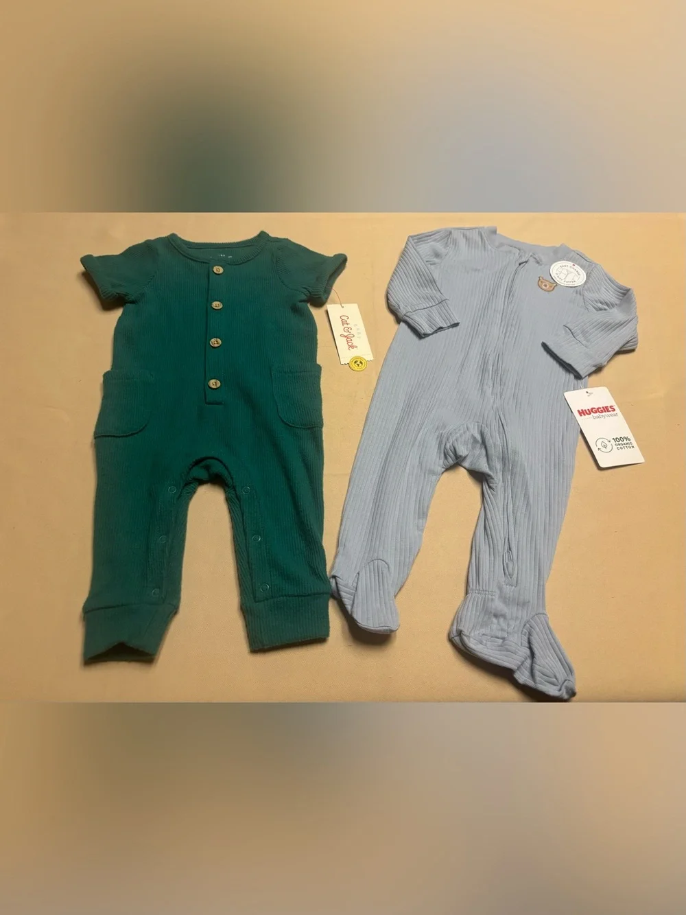 NEW Baby Bodysuit One Piece 3-6 Months Blue Green Ribbed Teddy Bear Huggies